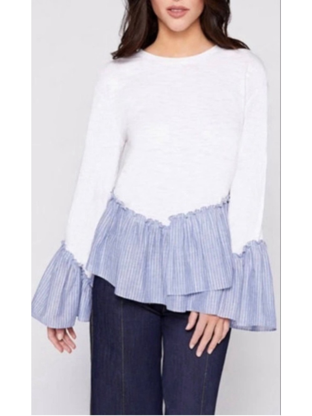 Cinq a Sept Anthropologie Top in Blue Chambray White Ruffle Hem XS Cottagecore